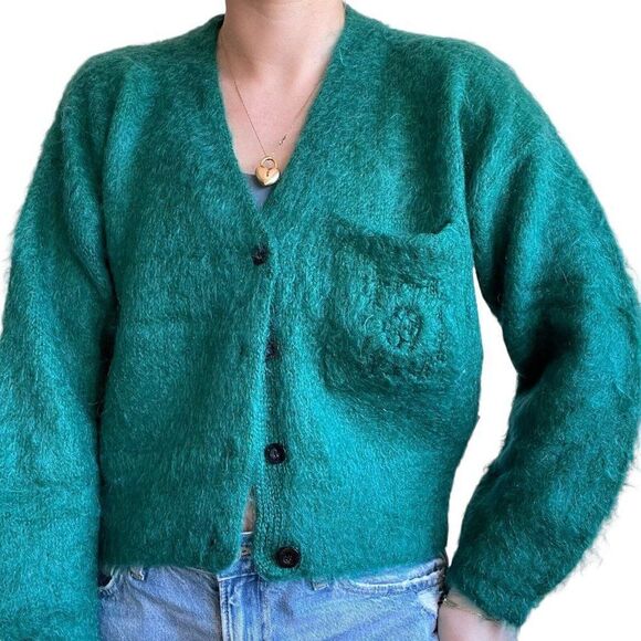 Vintage 80s Womens Esprit Emerald Green Mohair Fluffy Cropped Fuzzy Cardigan S - Picture 3 of 9